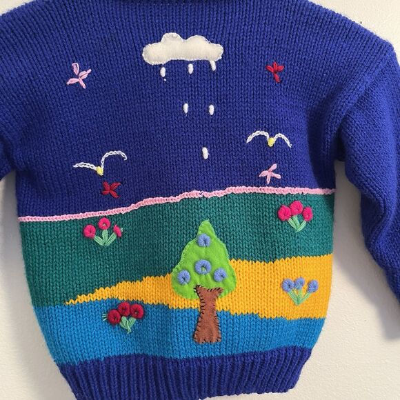 Handmade Vintage Embroidered Retro Farm Scene Cactus Knit Cardigan, Purple- 4T - Picture 4 of 4